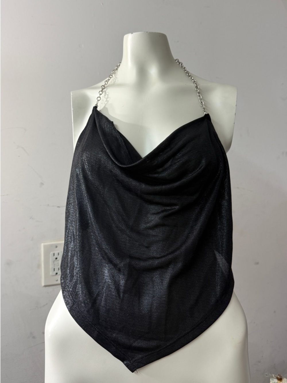 Black Metallic silver chain halter open back top glossy disco halter top gothic